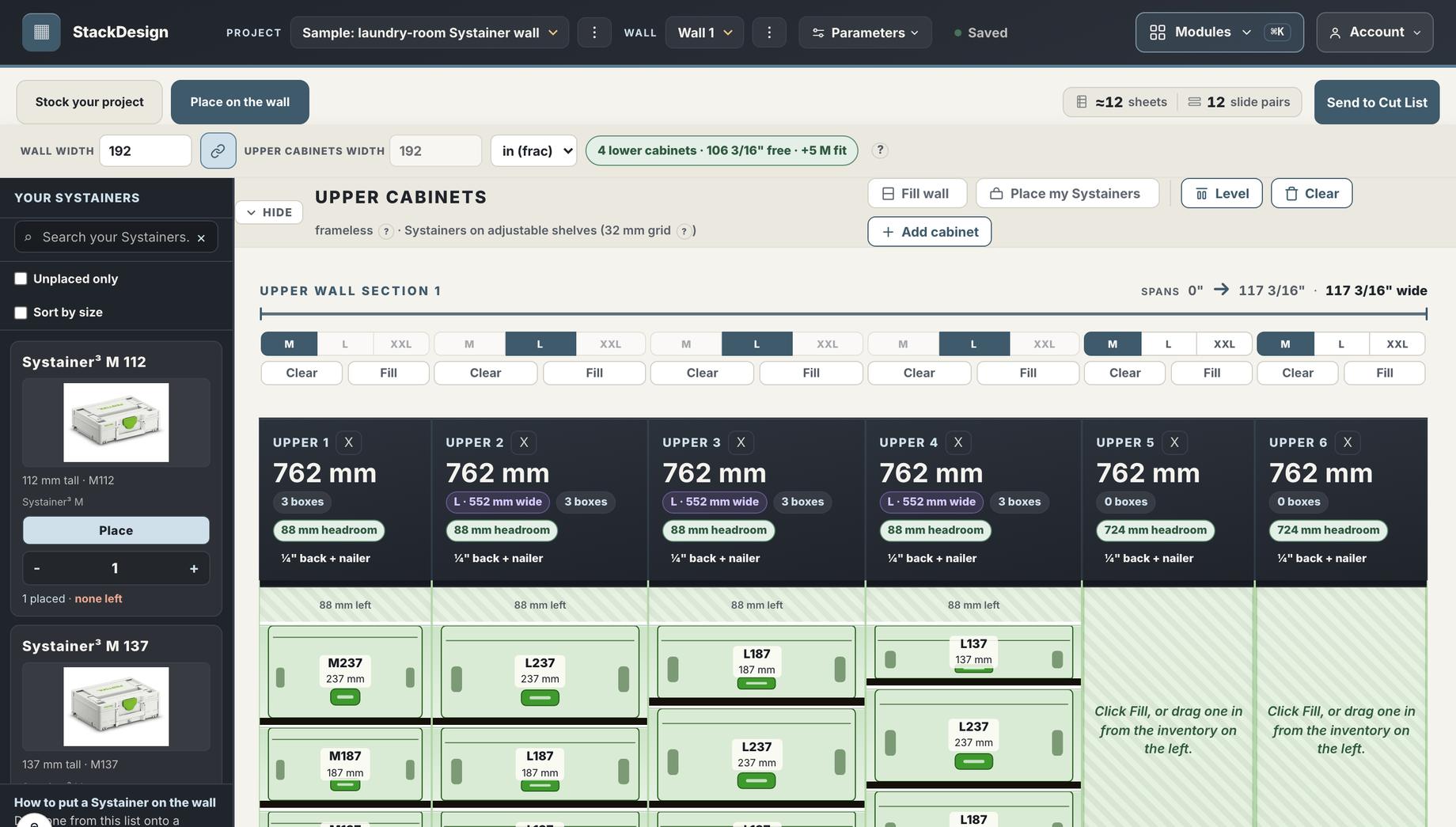 The StackDesign planner with a Systainer wall on screen. Six upper cabinets, each 762 millimetres wide, sit across a 192 inch wall; four of them hold three Systainers apiece, sized M237 down to L137, and each cabinet reports 88 millimetres of headroom left and a quarter inch back with a nailer.
